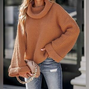 Cupshe Oversized Waffle Knit Bell Sleeve Cowl Neck Sweater-Medium